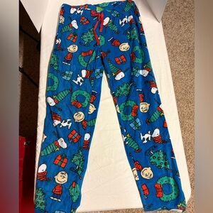 Peanuts Women Pajama Bottoms - Blue with Festive Characters Christmas